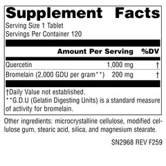 Close-up of Source Naturals Quercetin 1000 with Bromelain tablets showing texture.