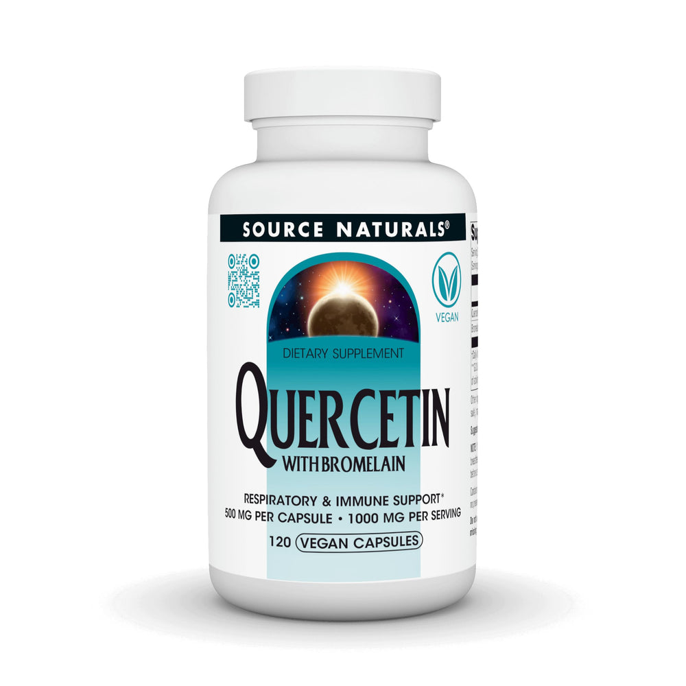 Source Naturals Quercetin with Bromelain bottle front supports respiratory comfort.