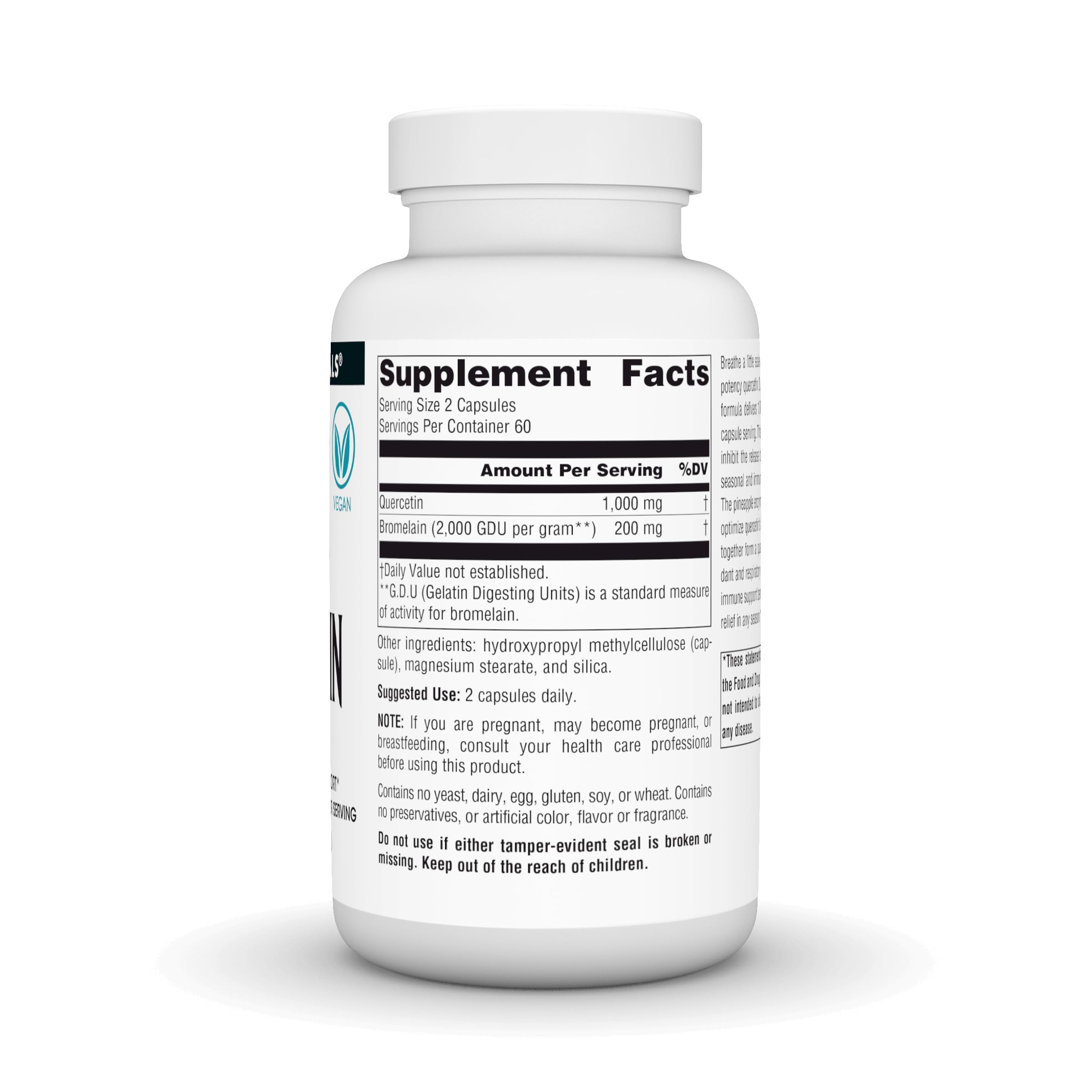 Source Naturals Quercetin with Bromelain bottle label highlights ingredients and serving size.