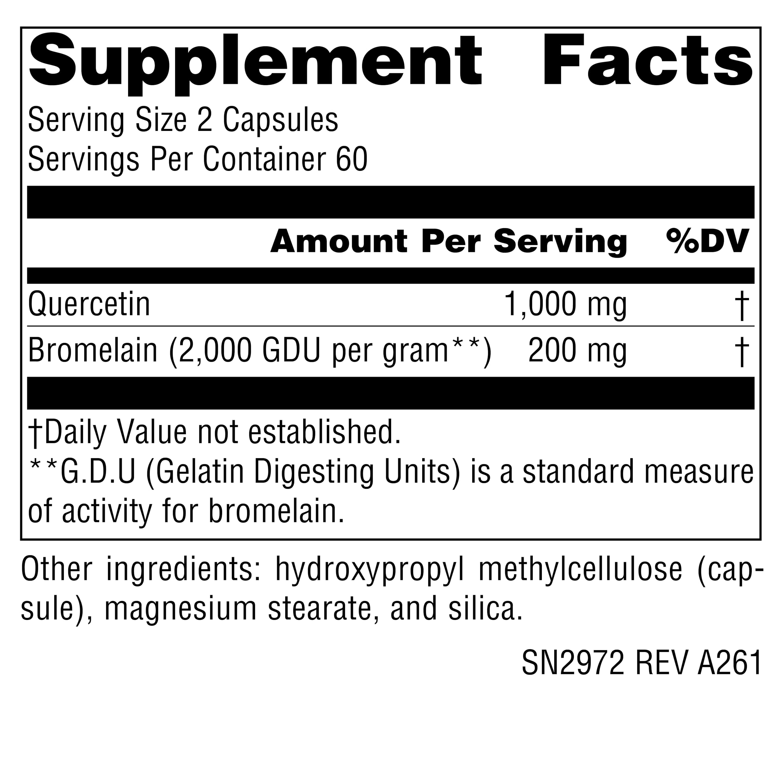 Source Naturals Quercetin with Bromelain capsules close-up suggest potency and capsule formulation.
