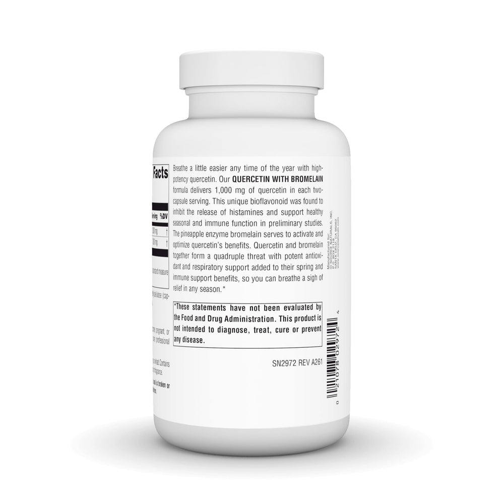 Source Naturals Quercetin with Bromelain capsules being poured for daily use.