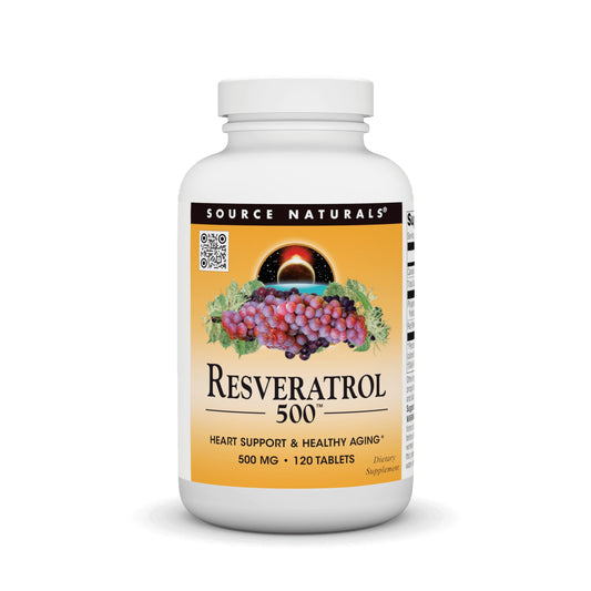 Source Naturals Resveratrol 500 bottle front showcasing heart-support formula for aging wellness.