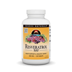 Source Naturals Resveratrol 500 bottle front showcasing heart-support formula for aging wellness.