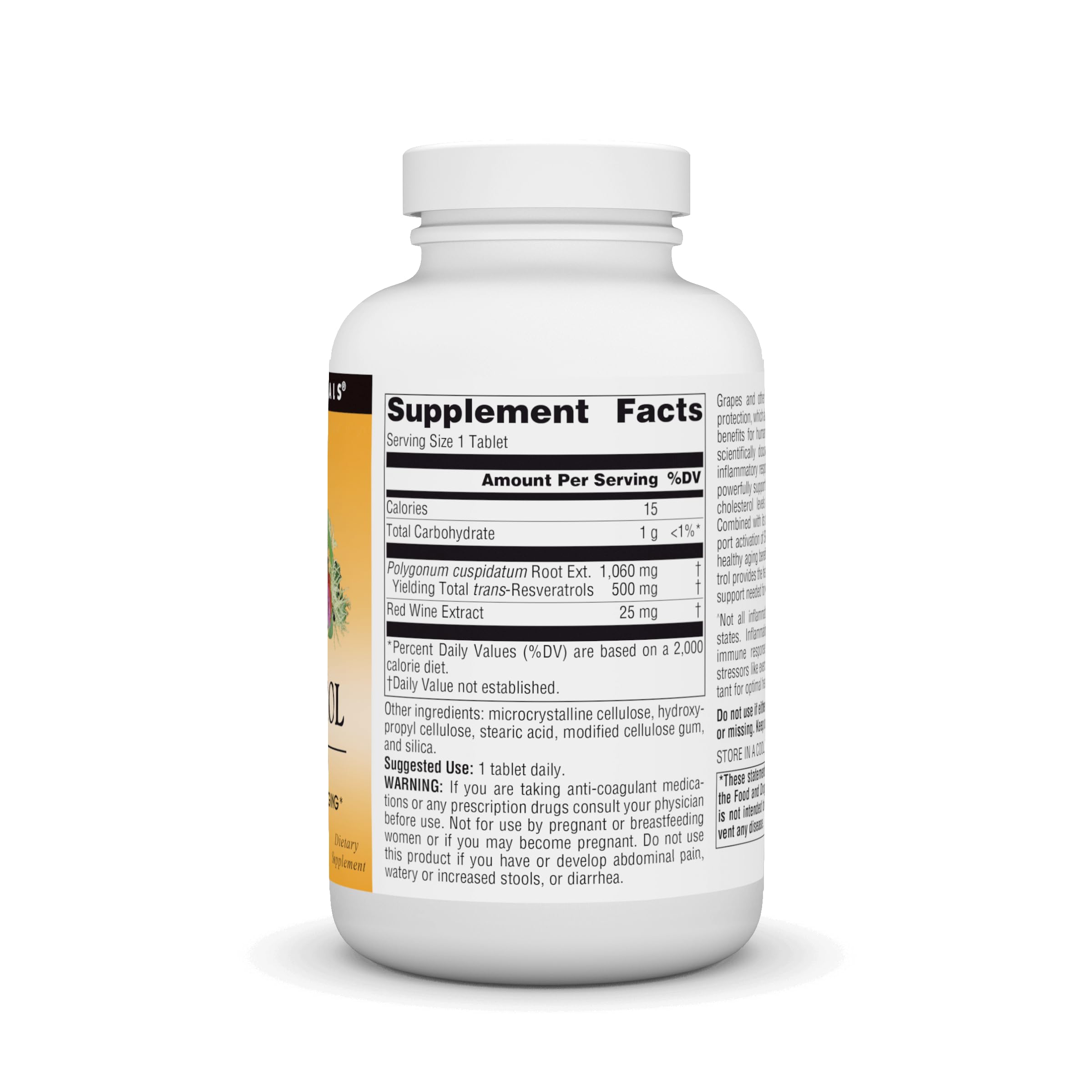 Source Naturals Resveratrol 500 label close-up with dosage information and branding.