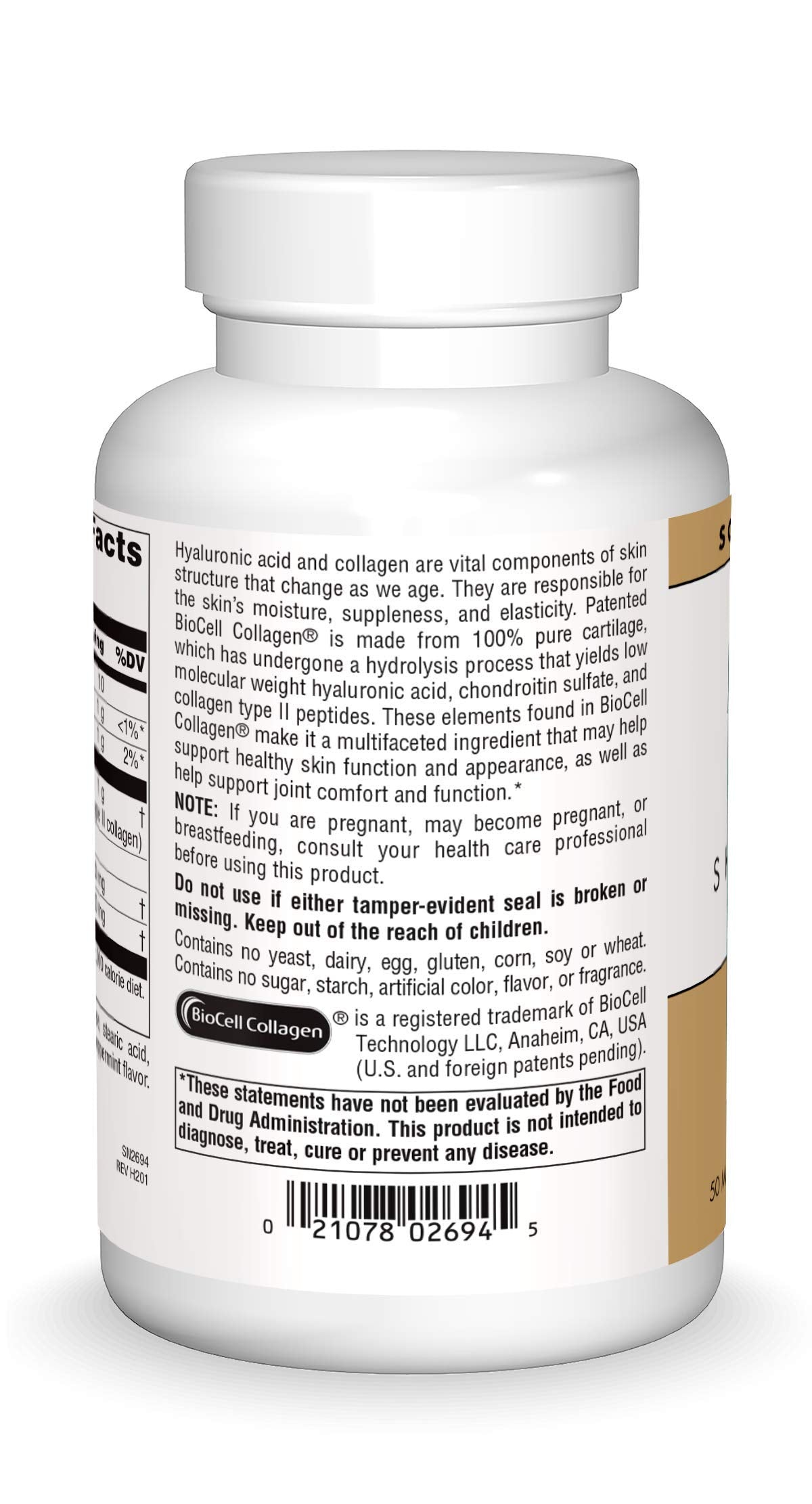 Source Naturals Skin Eternal Hyaluronic Acid bottle back with supplement details for joint support.