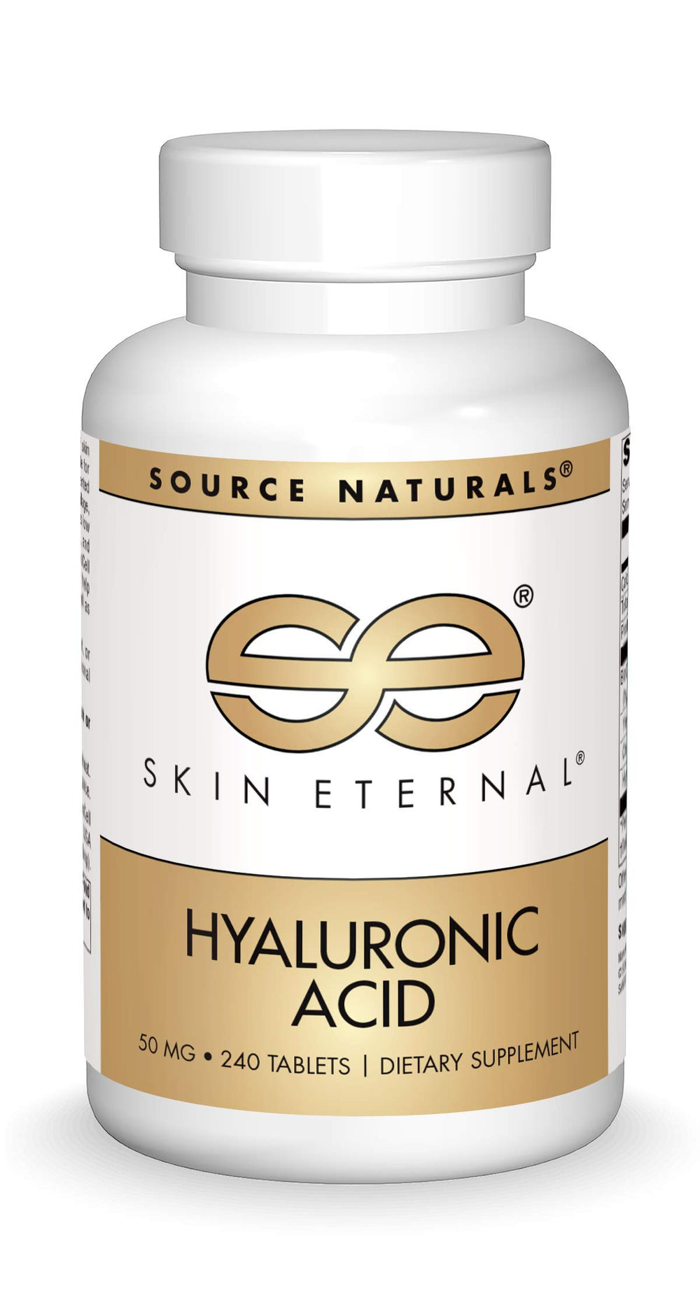 Source Naturals Skin Eternal Hyaluronic Acid bottle front label indicating skin support.