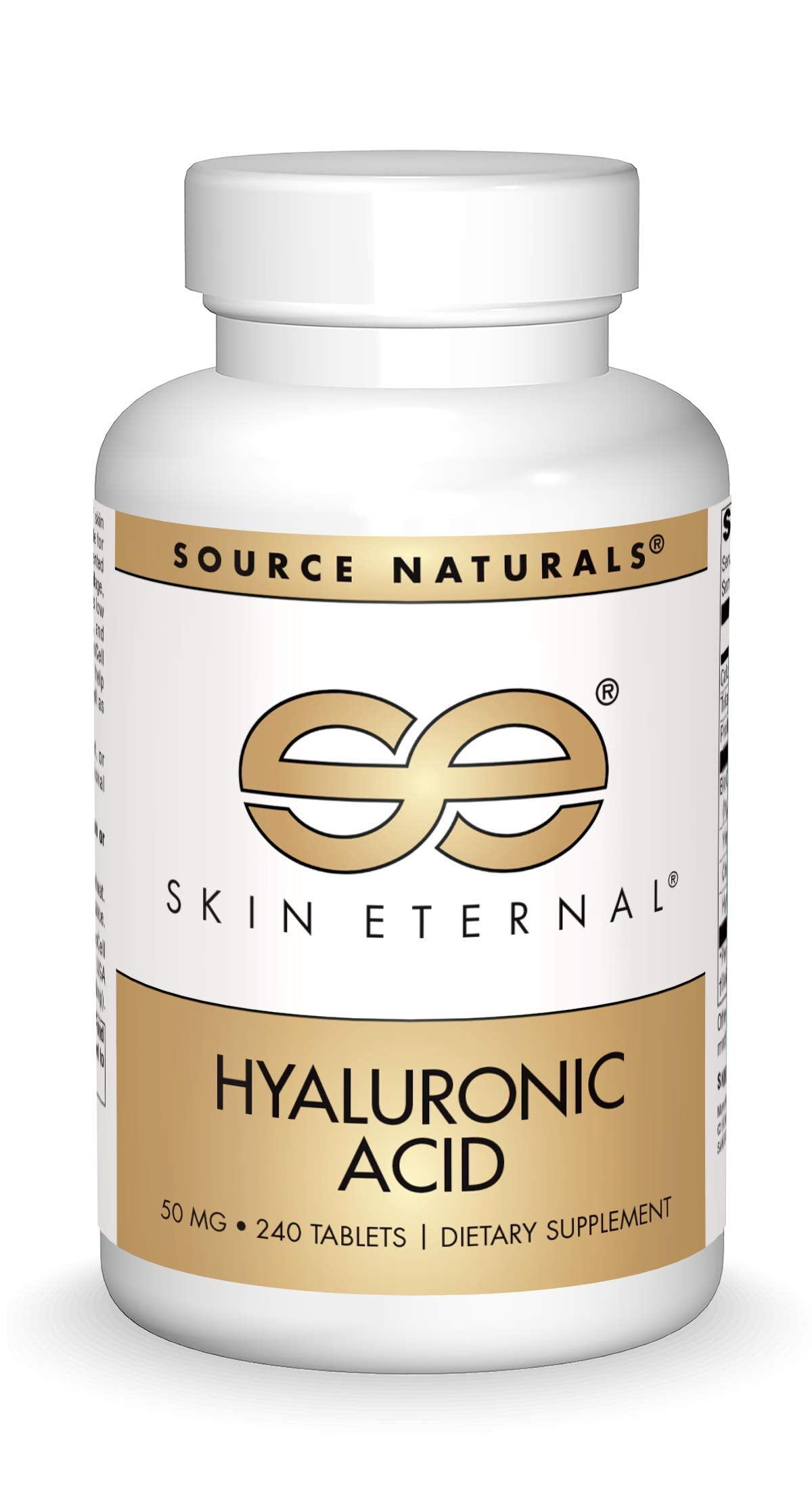Source Naturals Skin Eternal Hyaluronic Acid bottle front label indicating skin support.
