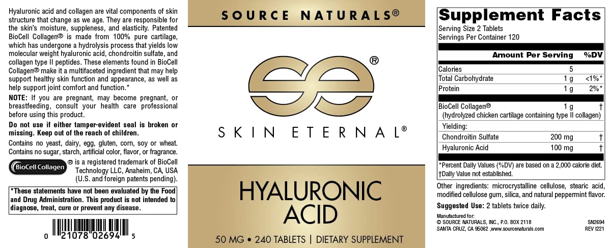 Source Naturals Skin Eternal Hyaluronic Acid label highlights allergen-free formula.