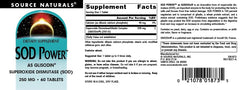 Label detail for Source Naturals SOD Power shows 60-tablet supply.