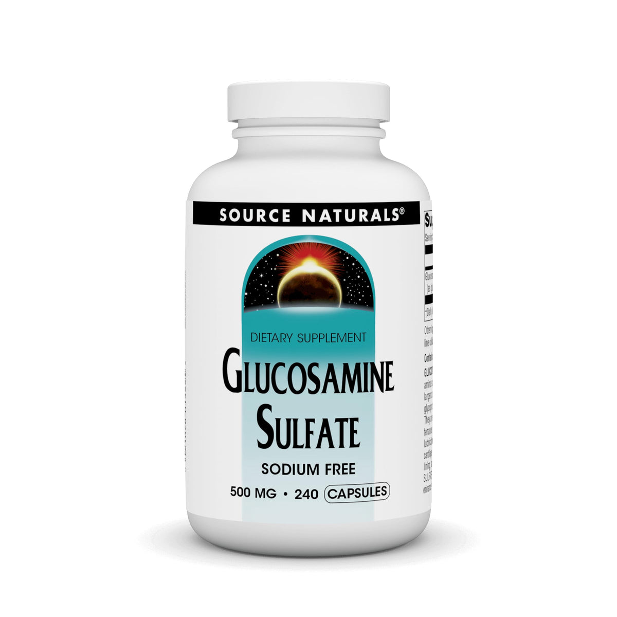 Source Naturals Sodium-Free Glucosamine Sulfate bottle with 500 mg capsules for joint support.