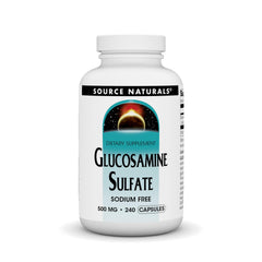 Source Naturals Sodium-Free Glucosamine Sulfate bottle with 500 mg capsules for joint support.