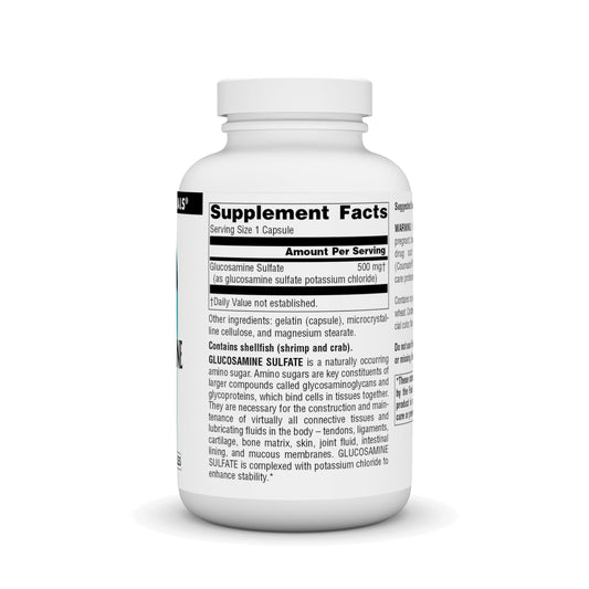 Close-up of Source Naturals glucosamine sulfate capsules for daily joint care.