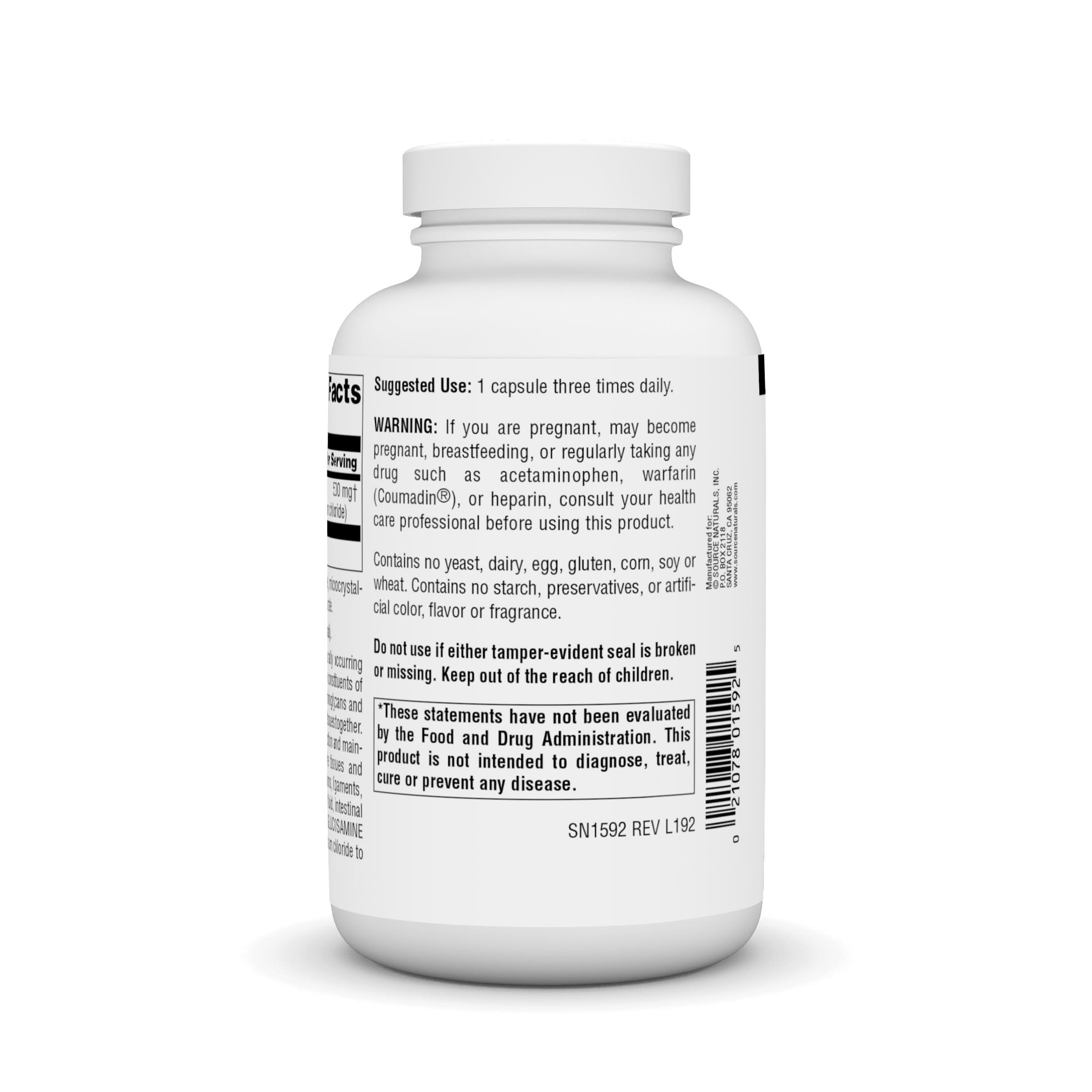 Source Naturals Glucosamine Sulfate label showing stability through potassium chloride.
