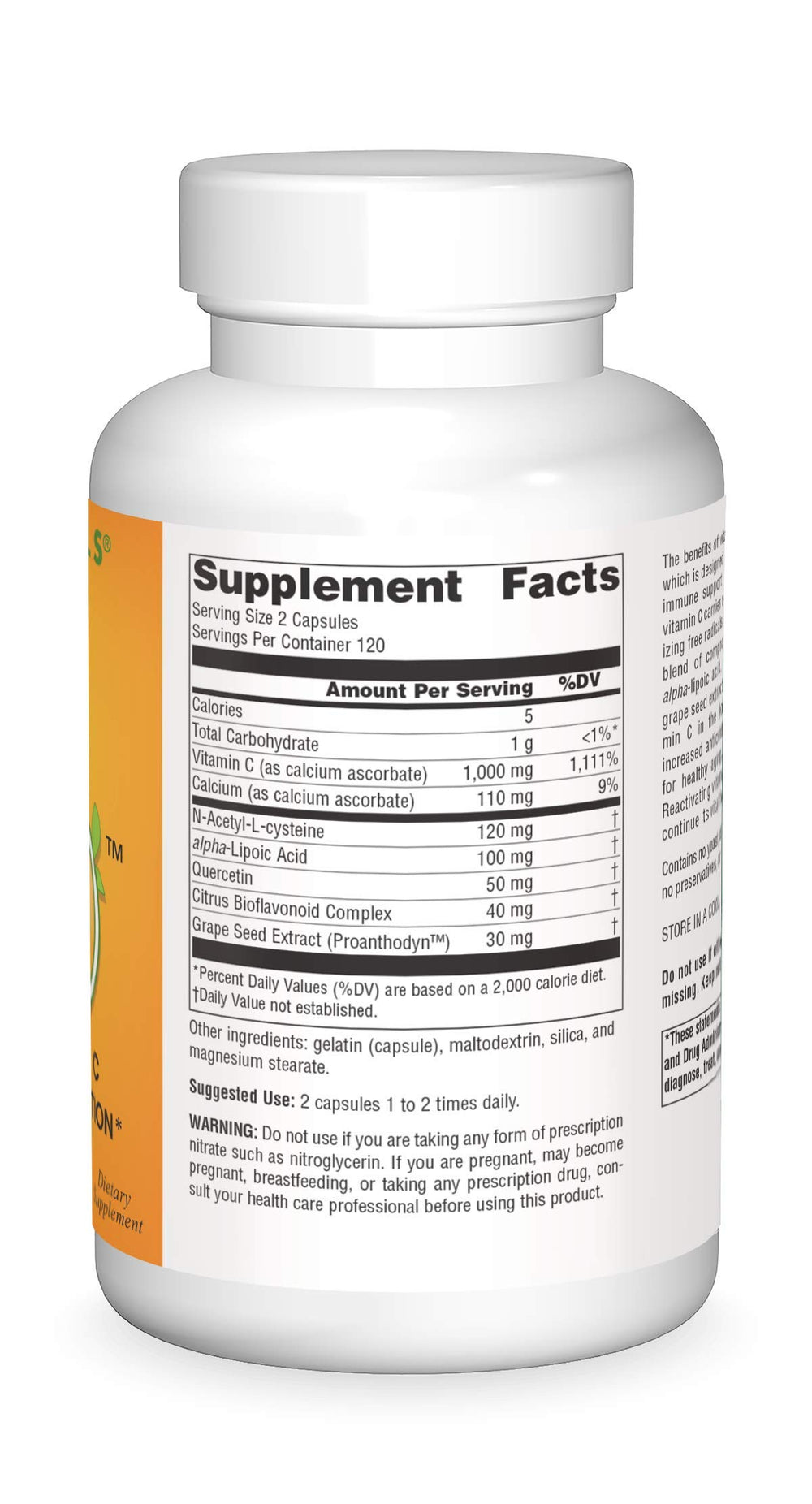 Front label of Source Naturals Systemic C 500mg emphasizing hypoallergenic formula