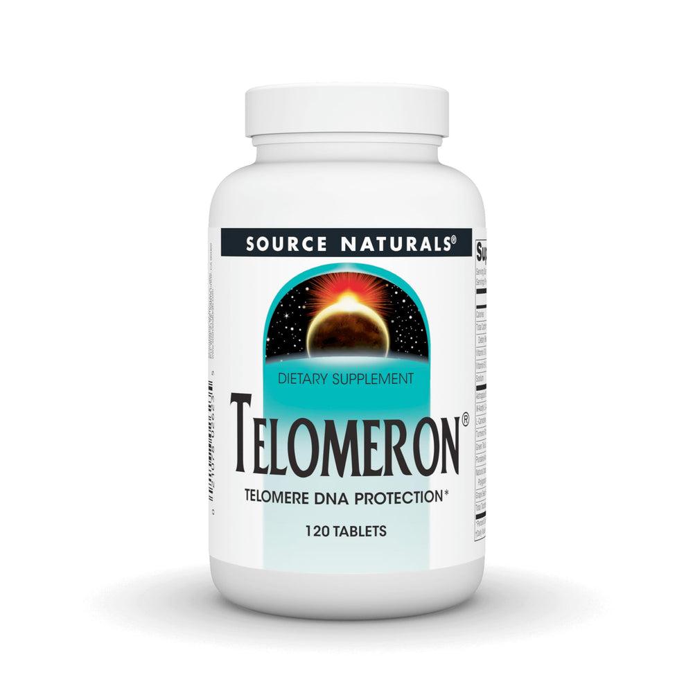 Source Naturals Telomeron bottle on a clean counter, highlighting daily supplement