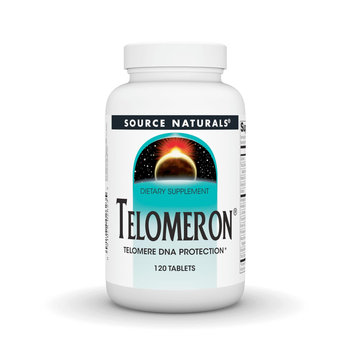 Source Naturals Telomeron bottle on a clean counter, highlighting daily supplement
