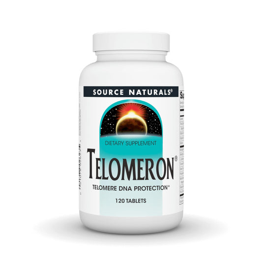 Source Naturals Telomeron bottle on a clean counter, highlighting daily supplement
