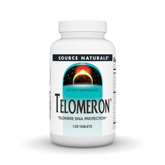 Source Naturals Telomeron bottle on a clean counter, highlighting daily supplement
