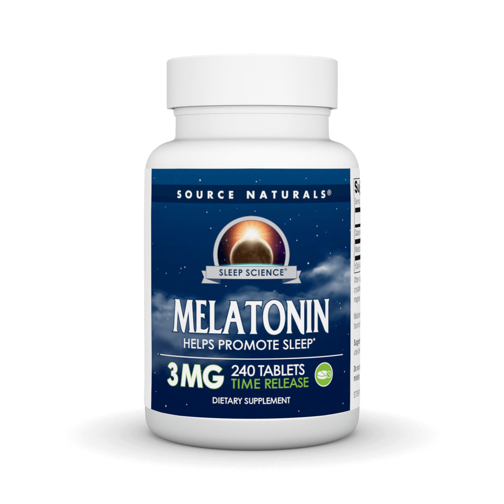 Source Naturals Time Released Melatonin 3 mg bottle supports a calm, steady night.