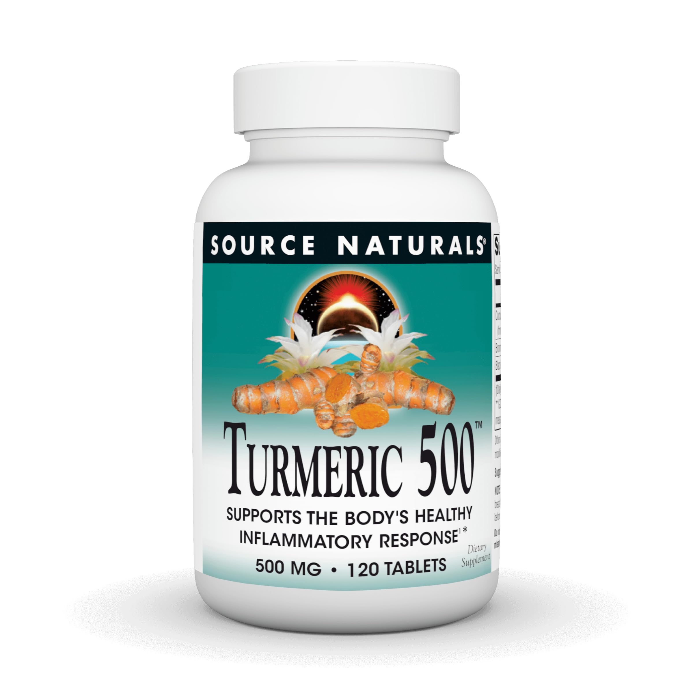 Source Naturals Turmeric 500 bottle front shows 500 mg per tablet for daily use