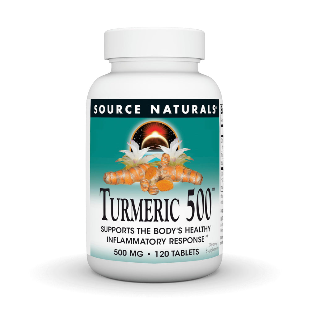 Source Naturals Turmeric 500 bottle front shows 500 mg per tablet for daily use