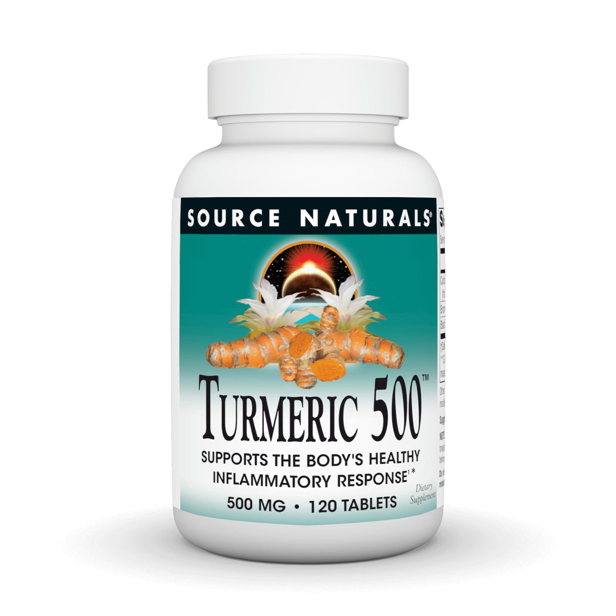 Source Naturals Turmeric 500 bottle front shows 500 mg per tablet for daily use