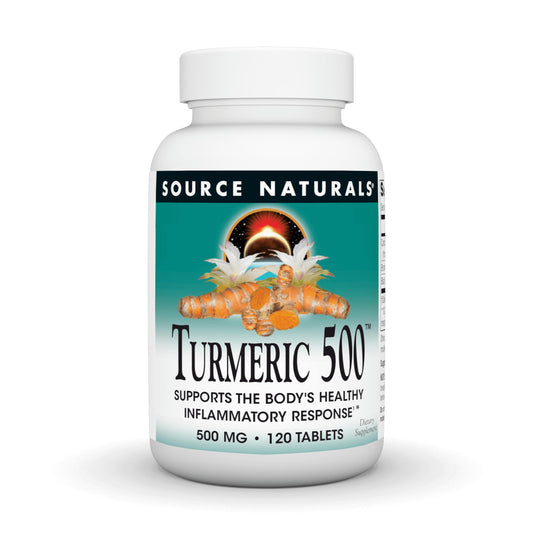 Source Naturals Turmeric 500 bottle front shows 500 mg per tablet for daily use