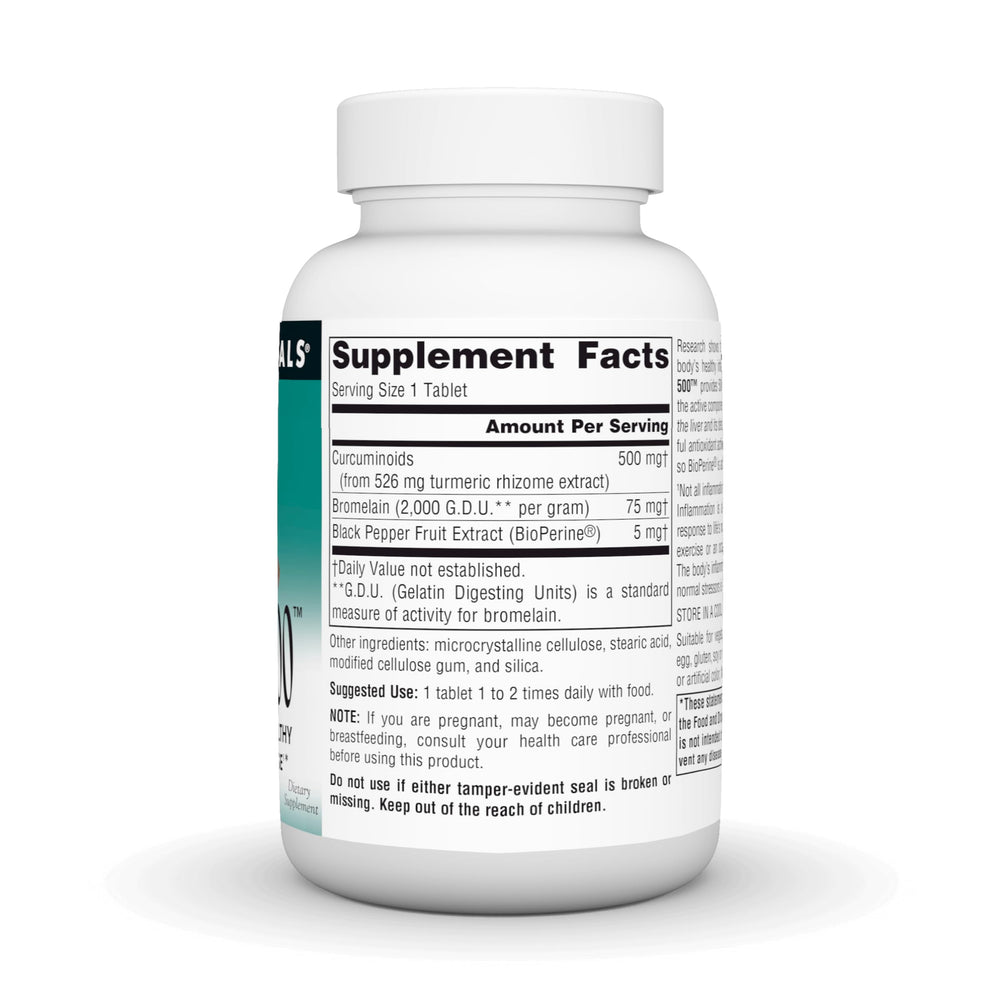 Source Naturals Turmeric 500 tablets outside bottle suggest easy daily dosing