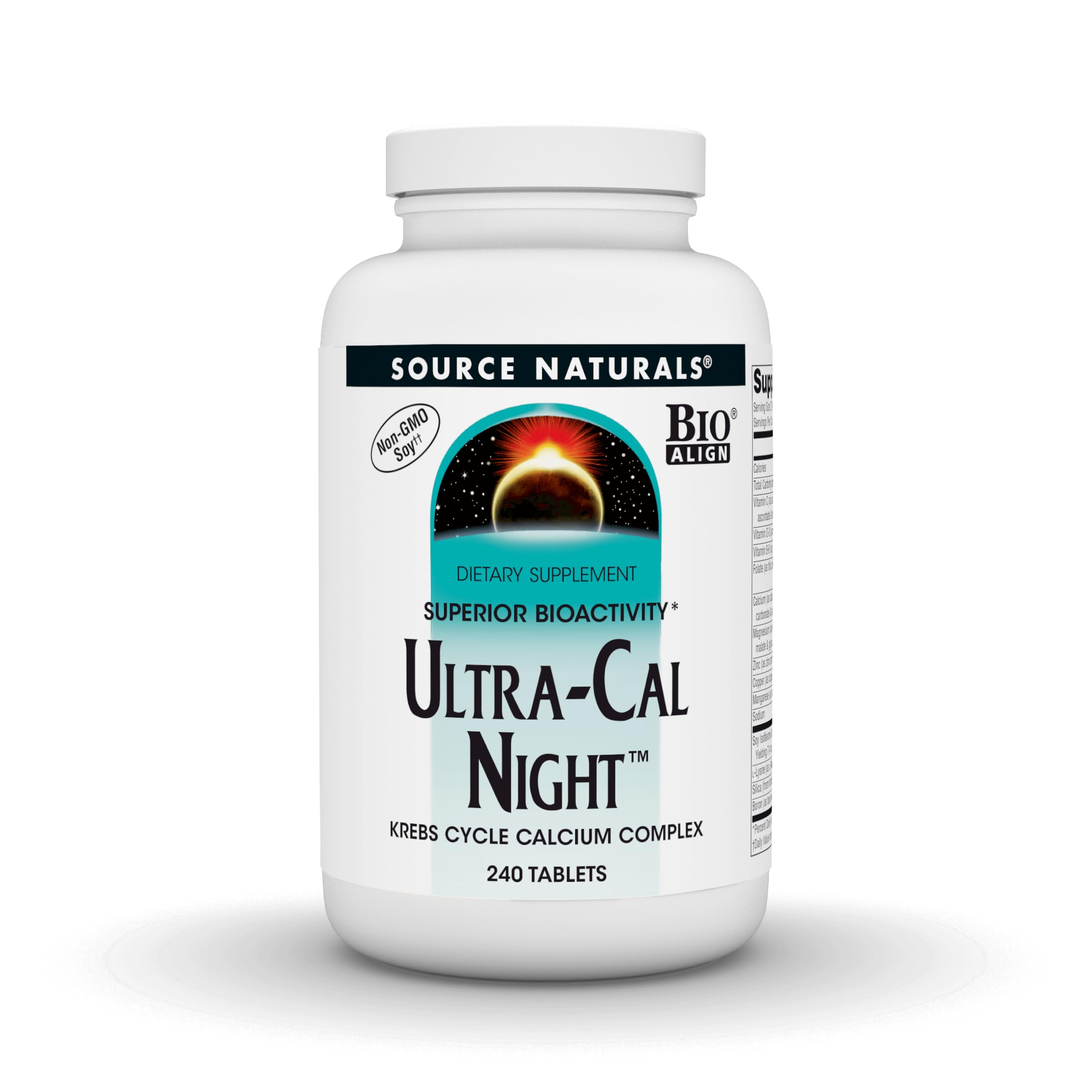 Source Naturals Ultra-Cal Night bottle pouring, highlighting night-time calcium delivery.