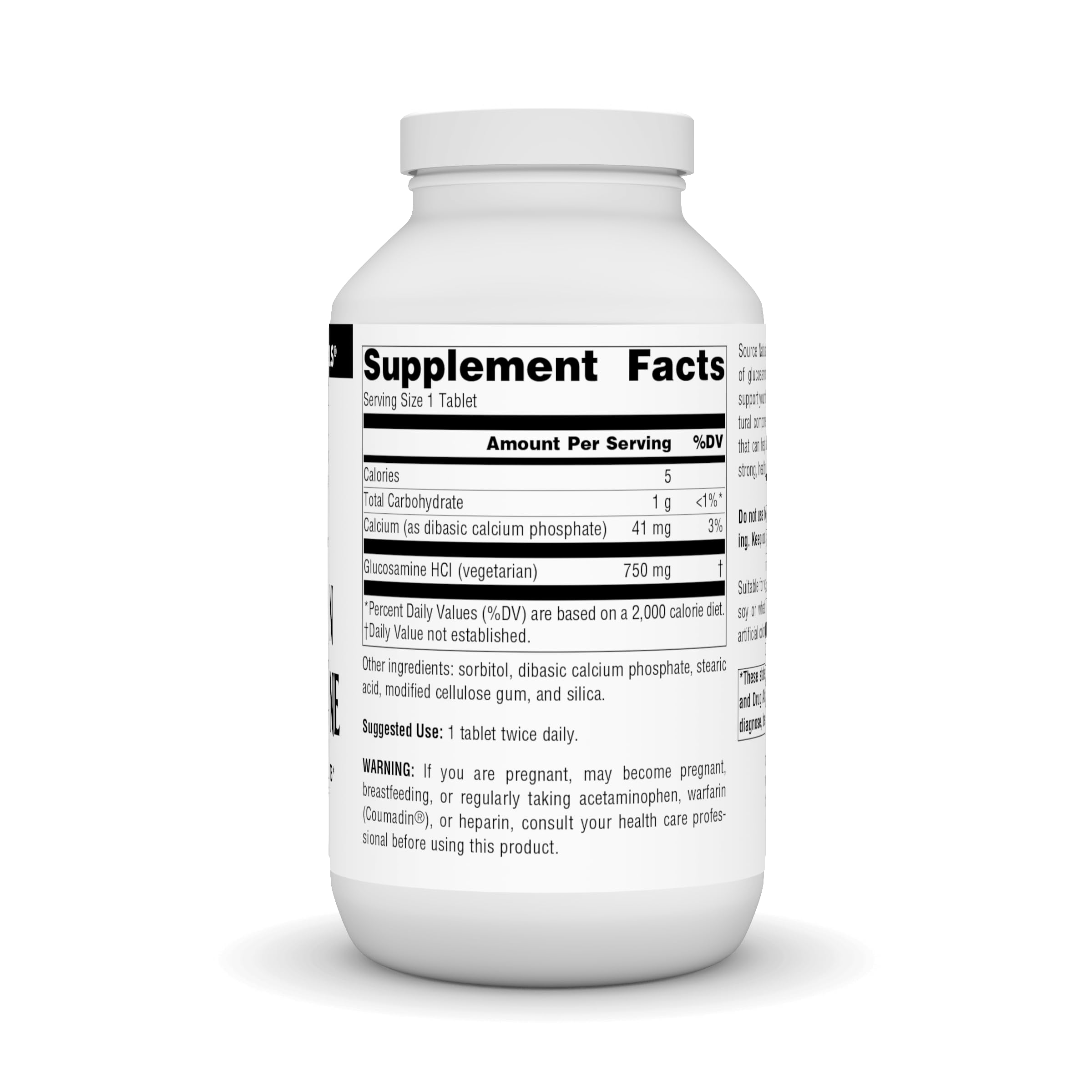 Source Naturals glucosamine tablets closeup highlighting vegetarian formula