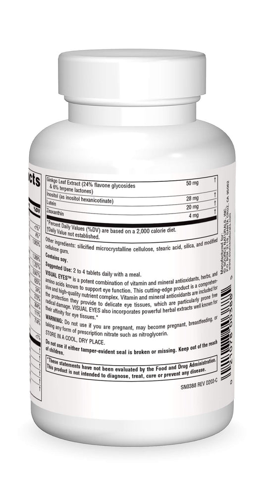 Source Naturals Visual Eyes label reveals key antioxidants and herbal ingredients.