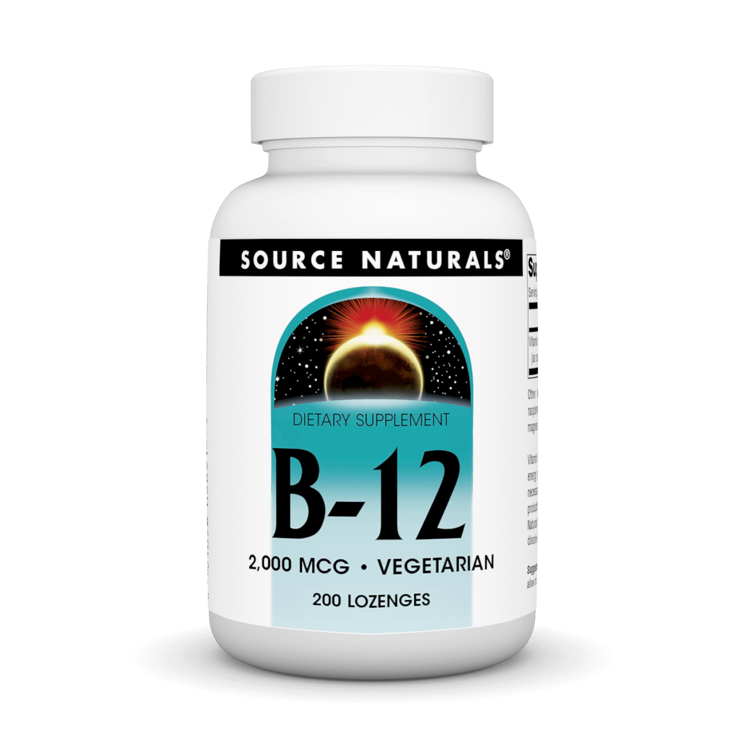 Source Naturals Vitamin B-12 lozenge bottle with 2000 mcg for daily energy support.