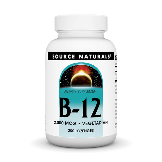 Source Naturals Vitamin B-12 lozenge bottle with 2000 mcg for daily energy support.