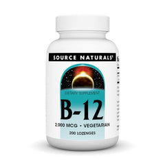 Source Naturals Vitamin B-12 lozenge bottle with 2000 mcg for daily energy support.