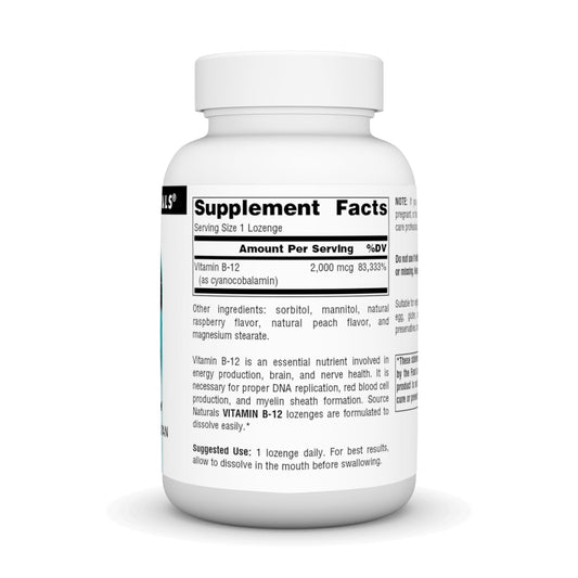 Source Naturals B-12 lozenge dissolving in the mouth for easy daily intake.