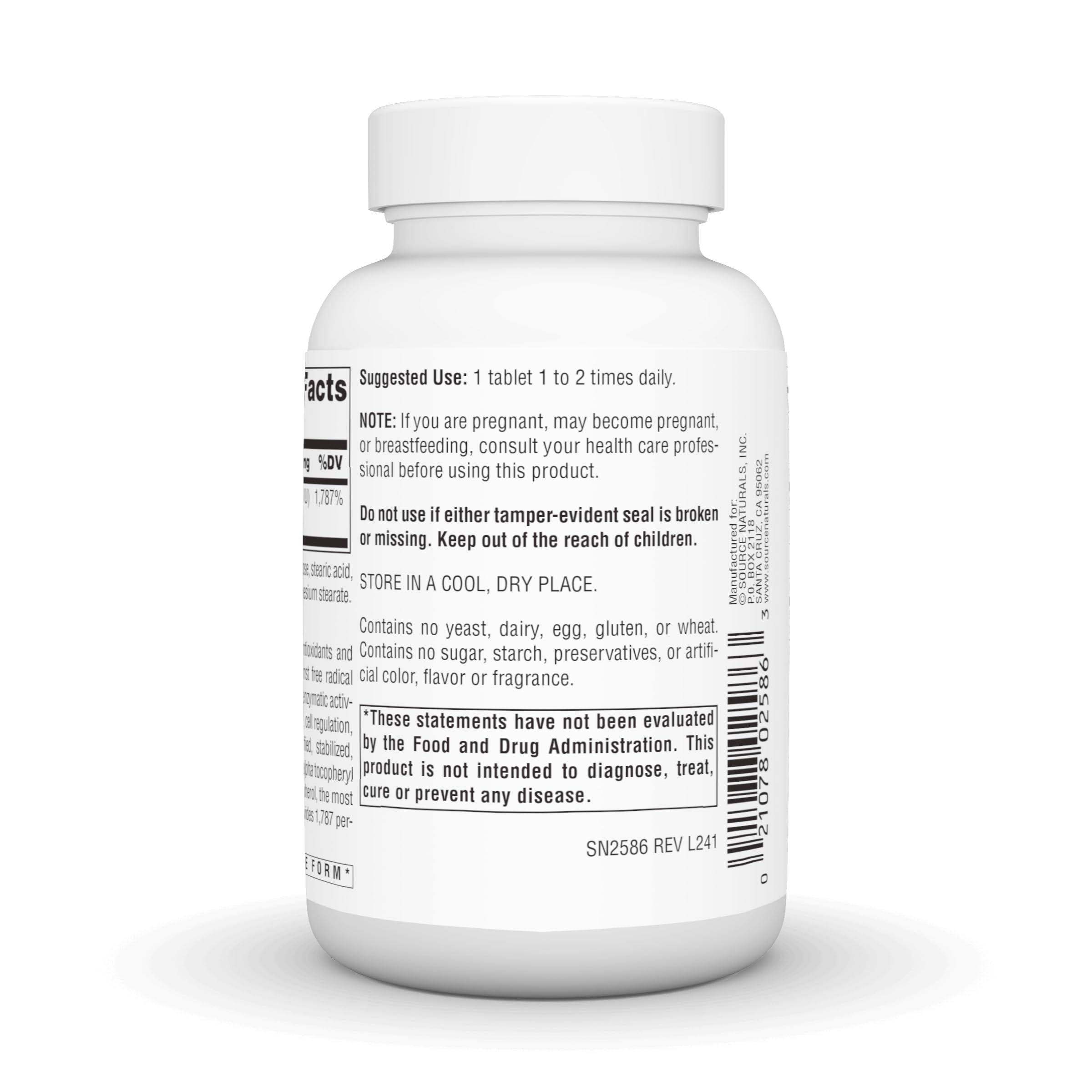 Source Naturals Vitamin E non-GMO label emphasizes quality and purity