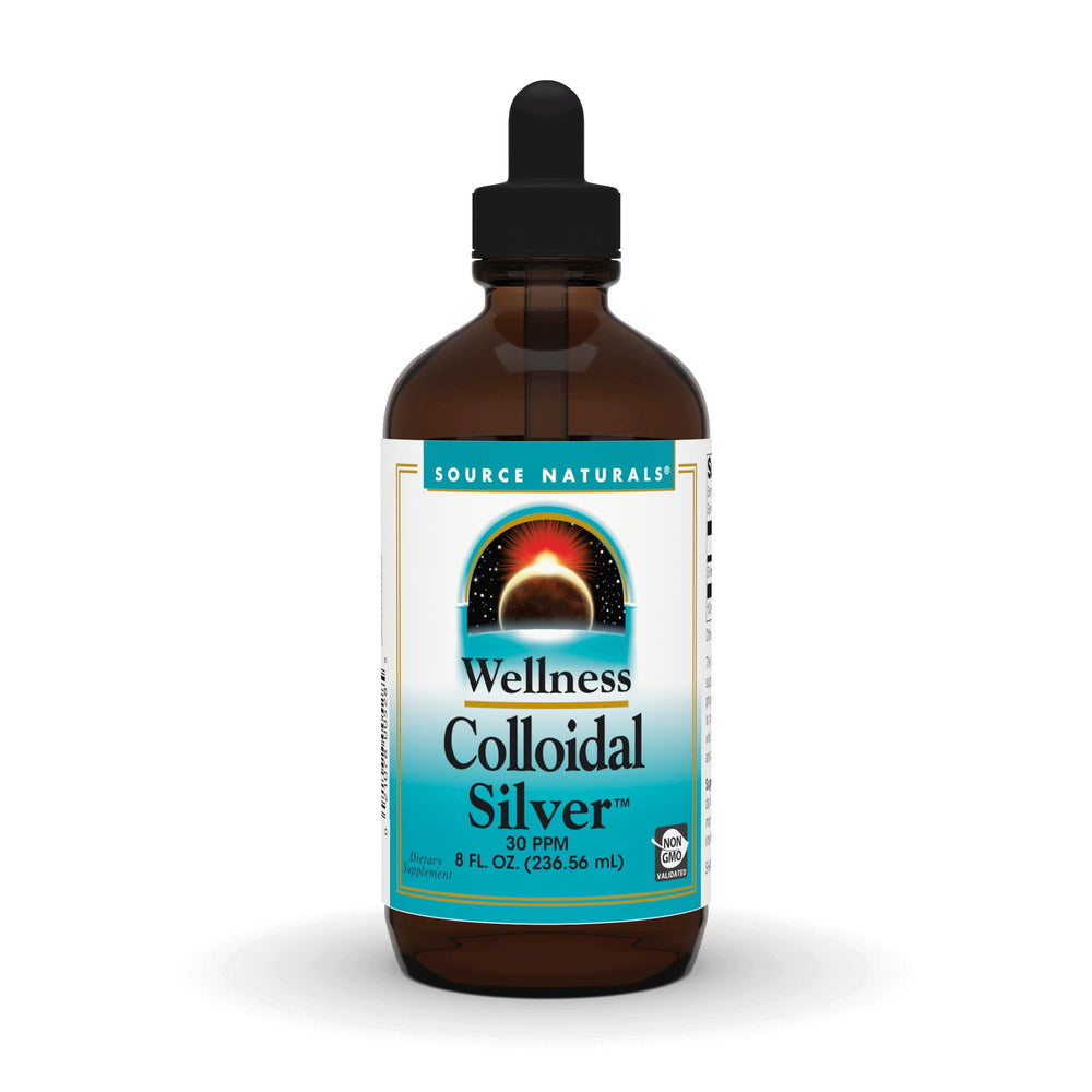 Source Naturals Wellness Colloidal Silver bottle shows a clear suspension suitable for daily use.