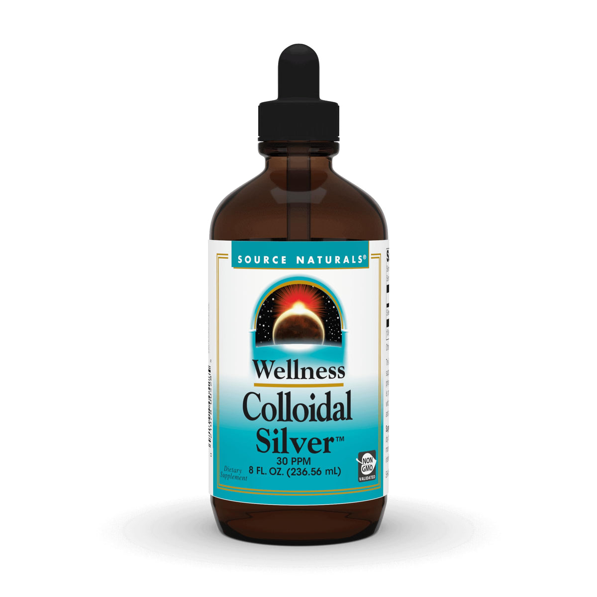 Source Naturals Wellness Colloidal Silver bottle shows a clear suspension suitable for daily use.