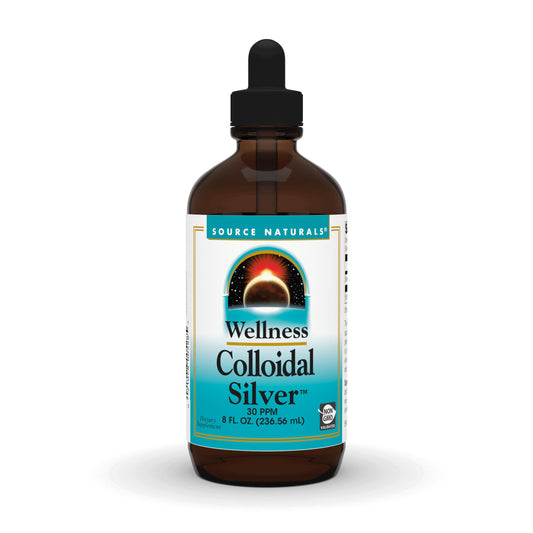 Source Naturals Wellness Colloidal Silver bottle shows a clear suspension suitable for daily use.