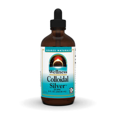 Source Naturals Wellness Colloidal Silver bottle shows a clear suspension suitable for daily use.