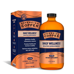 Sovereign Copper Hydrosol bottle on shelf signals premium daily copper support for wellness.