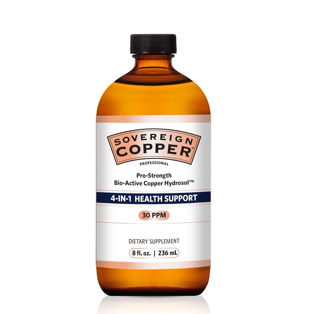 Sovereign Copper Pro-Strength bottle front showing the 8 oz bioactive copper formula.