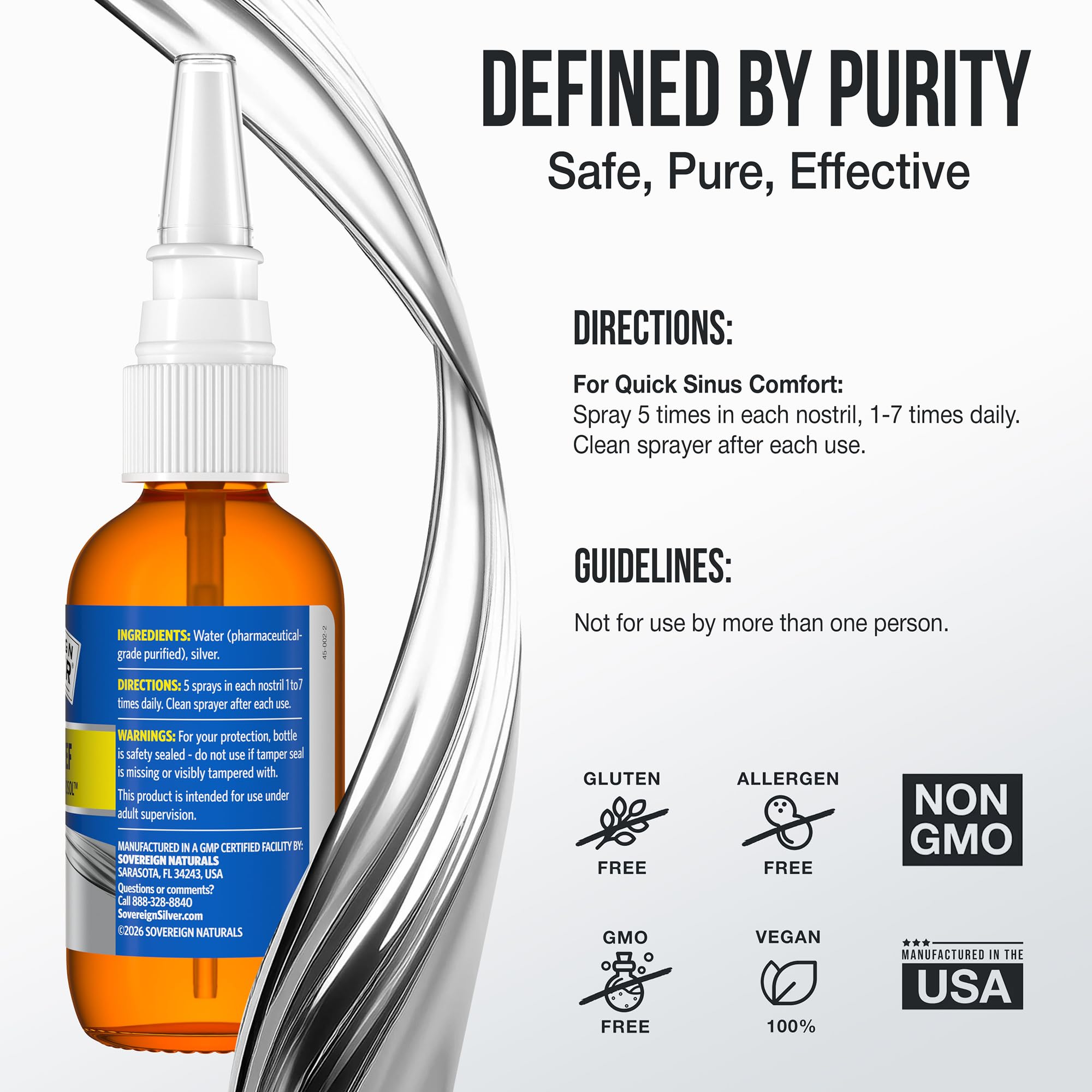 Sovereign Silver ingredients highlight pure silver and pharmaceutical-grade water.