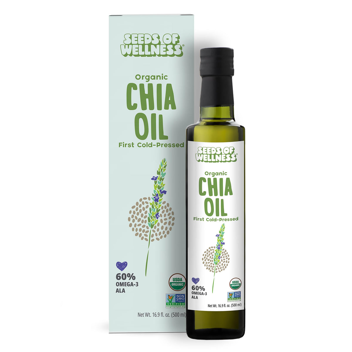 SOW Seeds of Wellness Organic Chia Seed Oil bottle for pure oil in dressings and smoothies.