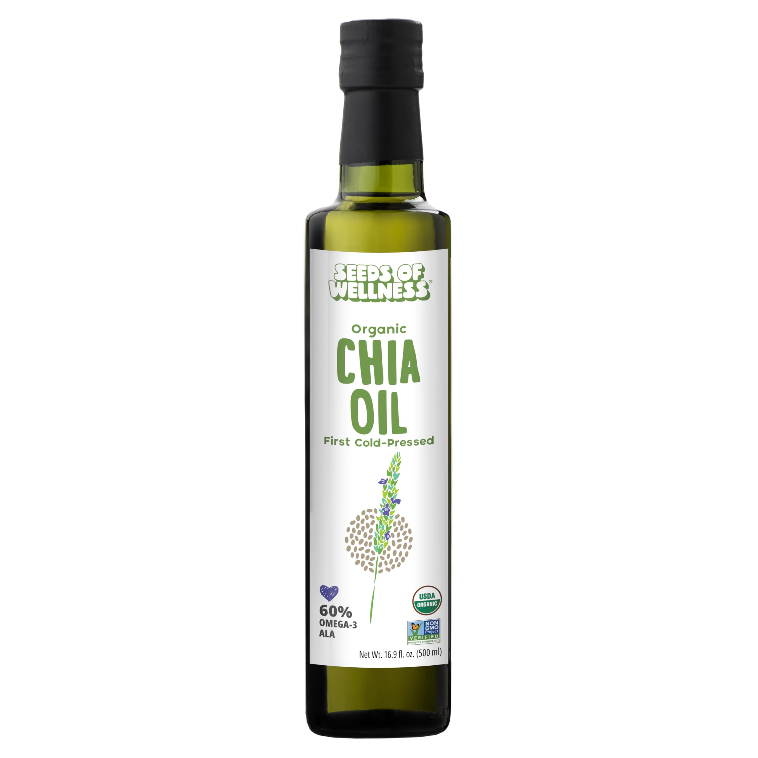 SOW Seeds of Wellness Organic Chia Seed Oil pour spout showing easy drizzle for meals.