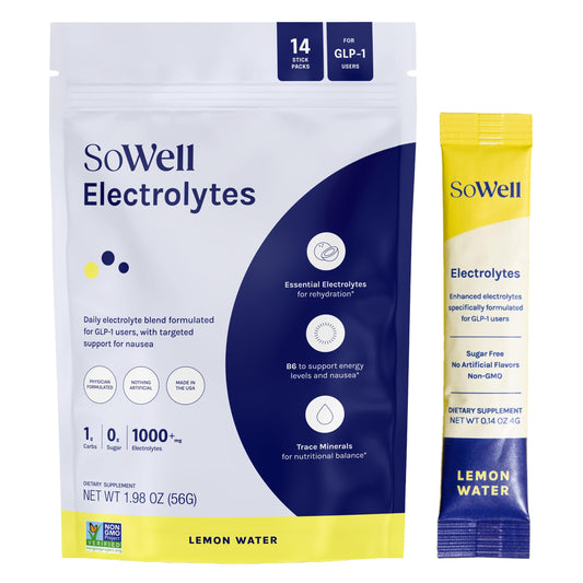 SoWell GLP-1 electrolytes lemon drink mix stick for on-the-go hydration.