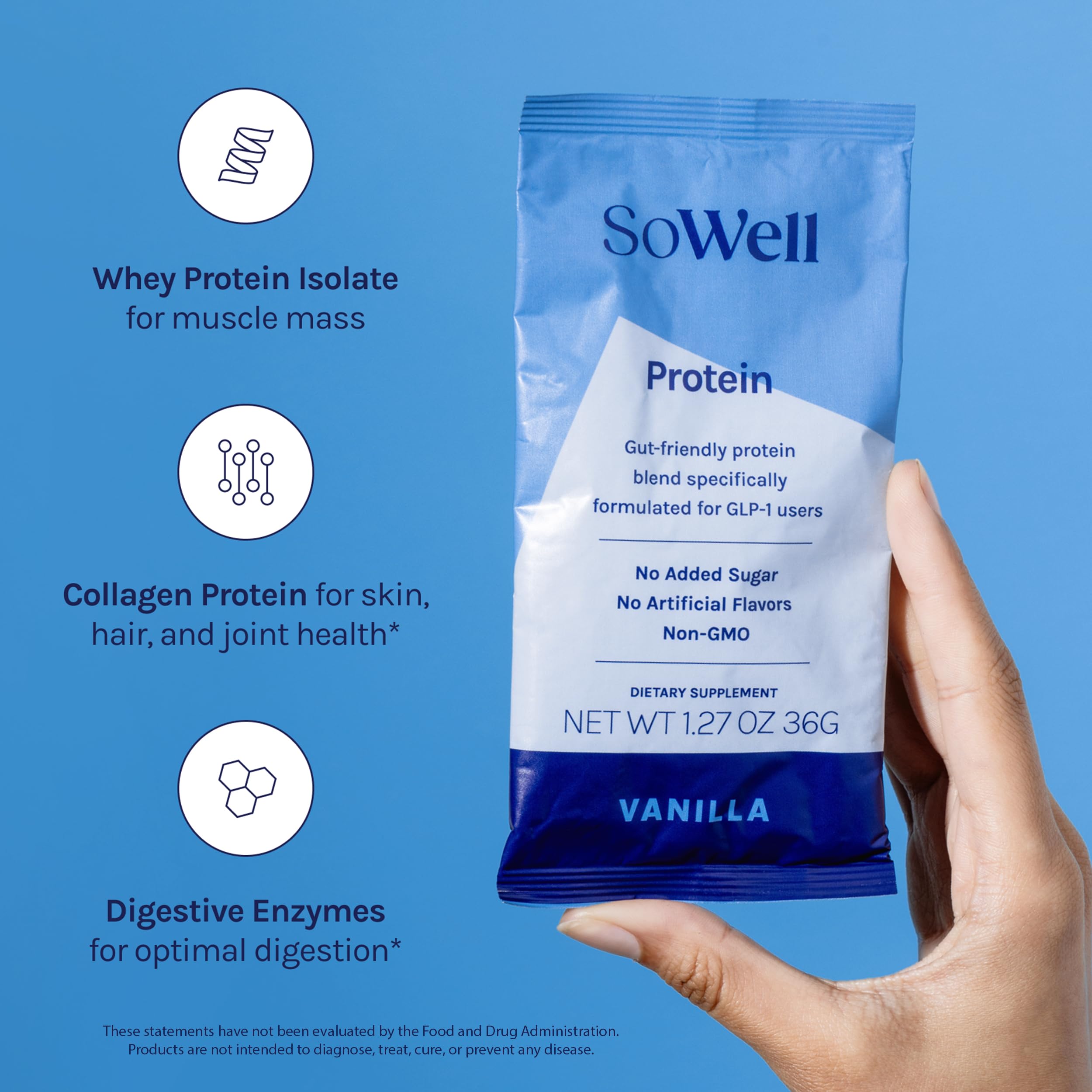 SoWell GLP-1 Protein Vanilla digestive enzymes pack for gut comfort