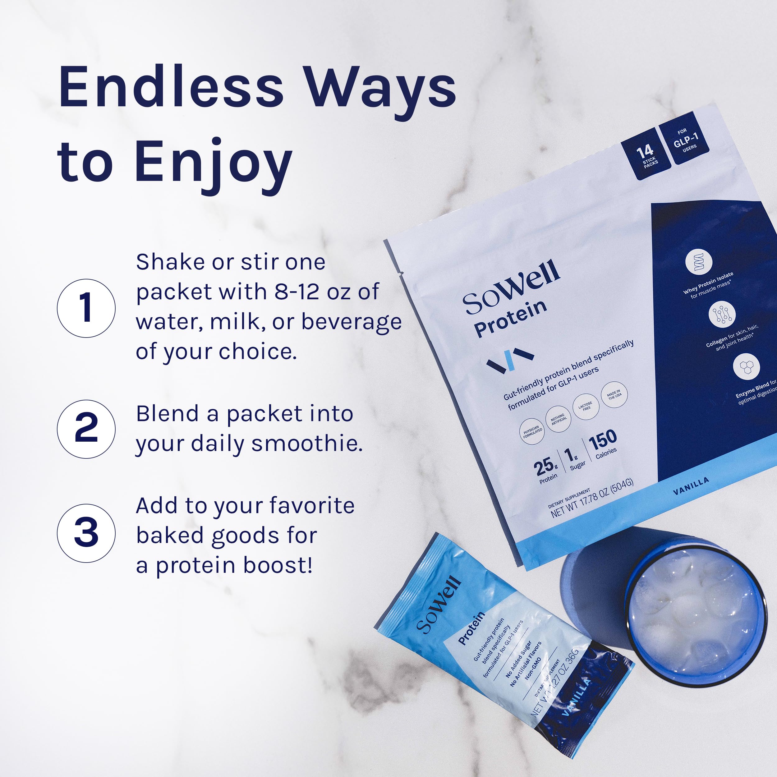 SoWell GLP-1 Protein Vanilla ingredients emphasis on protein and collagen