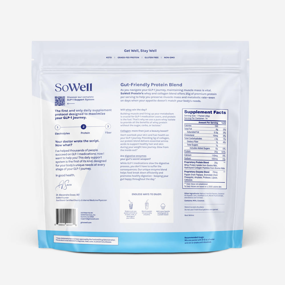 SoWell GLP-1 Protein Vanilla powder scoop ready for quick mix