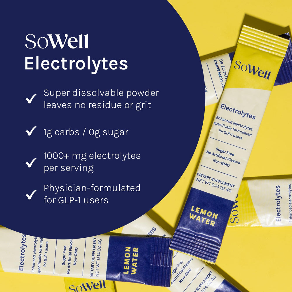 SoWell GLP-1 electrolyte sachet showing sodium, potassium, and magnesium for balanced hydration.